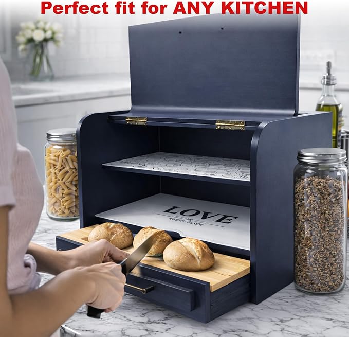 KNIFEPLANET Premium FULLY ASSEMBLED Modern Blue Bread Box – Extra Large Real Wood Bread Box for Kitchen Countertop Storage, Thick Durable Construction, Double Layer Design (17.5" x 10" x 12")