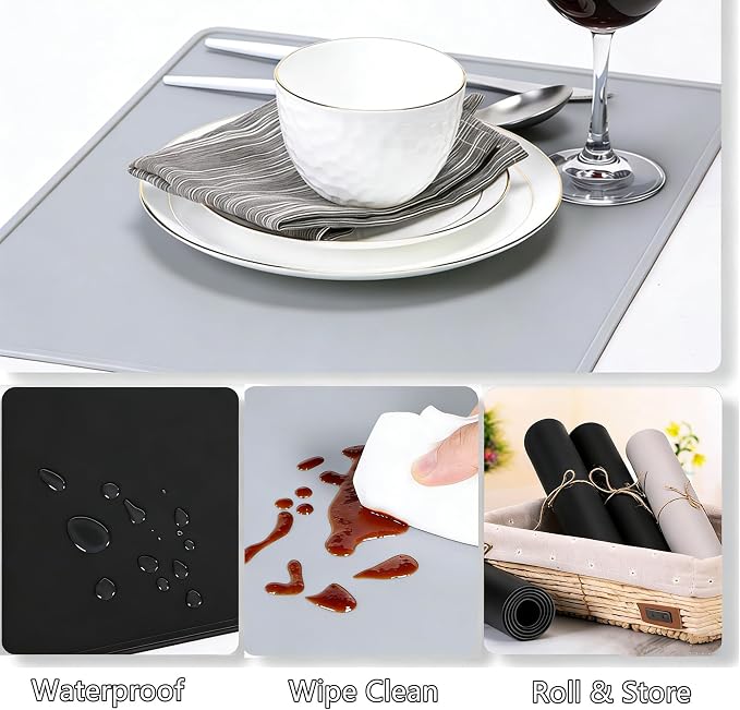 IYYI Silicone Placemats, Dining Placemats Set of 4, Waterproof Placemats for Kids, Heat Resistant Non-Slip Silicone Mats for Dinner Table, Dishwasher Safe (Light Gray, 18.9×11.8)