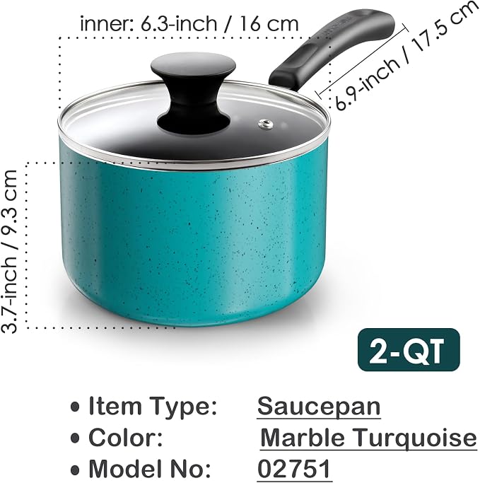 Cook N Home Basic 2 Quart Nonstick Saucepan with Glass Lid, Small Non Stick Aluminum Sauce Pan, Multi-Purpose Milk Chocolate Cooking Pot with Stay-Cool Handle, Turquoise | Nonstick Aluminum Sauce Pan, Multi-Purpose Milk Chocolate Cooking Pot with Stay-...