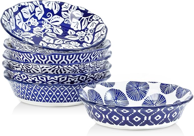 Selamica Ceramic Mini Pie Pans, 6 Inch Pie Dish for Baking, Small Pie Plate with Fluted Edge for Dessert Apple Pie, Oven Safe, Set of 6, Vintage Blue