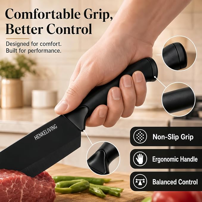 19-Piece Black Kitchen Knife Block Set with Built-in Sharpener | Dishwasher safe, German high-carbon stainless steel blades, ultra-sharp edges, ergonomic non-slip handles
