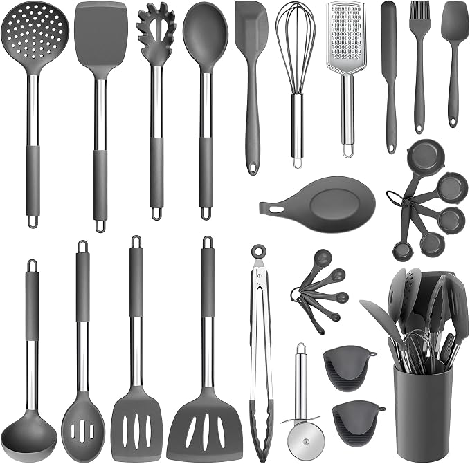 E-far Silicone Cooking Utensils Set, 30-Piece Gray Kitchen Utensils Set | Heat Resistant Nonstick Cookware, Kitchen Tools Spatulas with Stainless Steel Handle, Spatulas Turner Tong Spoon Whisk Ladle