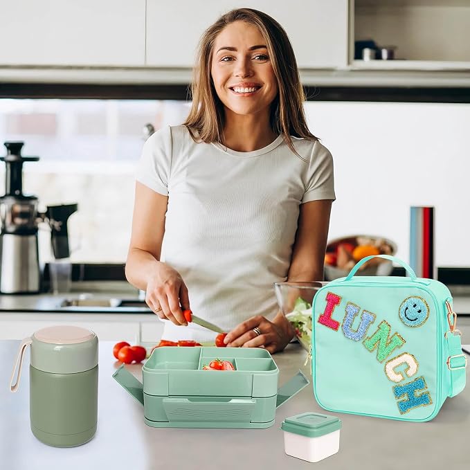 PainZieteg Lunch Box for Girls with 10oz Thermo 6 Compartment Bento Set | Nylon Insulated Lunch Bag with Adjustable Strap, Ideal for Kids, Teens School, Travel, Picnic, Leakproof Thermal Pouch, Green