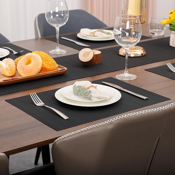 Myir JUN Placemats Set of 10 Kitchen and Dining Table Placemats | Vinyl Placemats Place Mats Indoor/Outdoor Set of 10 Washable Table Mats Non-Slip Place mats for Dining Table, Black
