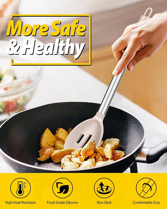 BUNDLEPRO Silicone Cooking Spoons for Non Stick Cookware, 2 Pack, KHAKI | Heat Resistant, Large Kitchen Spoons for Mixing, Serving, Draining, Stirring