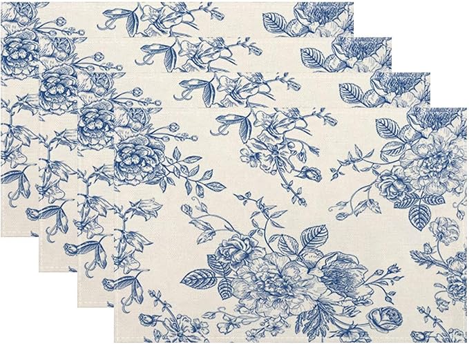 Chinoiserie Floral Placemats Set of 4, Vintage Blue Flower Decorative Table Mat 12 x 18 Inch Heat Resistant Non Slip Line Fabric Seasonal Floral Place mat for Dining Table