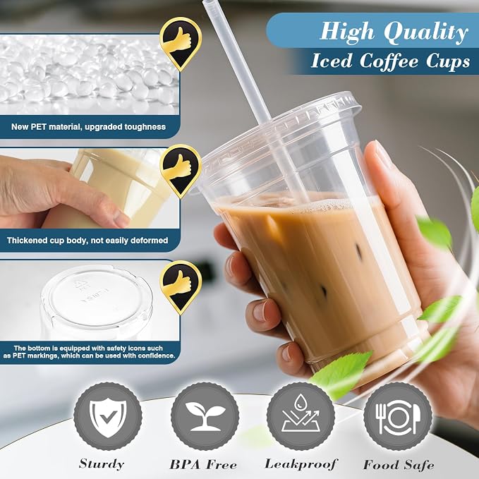 Ginkgo 100 Pack 24oz Clear Plastic Cups with Lids and Straws | Leak-Proof & Sturdy Disposable To Go Iced Coffee Cups for Smoothies, Lemonade
