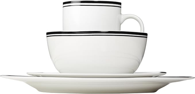 Amazon Basics 16-Piece Cafe Stripe Dinnerware Set, Microwave and Dishwasher Safe, Plates, Bowls, Mugs, Service for 4, Black