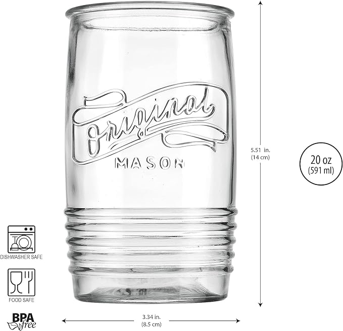 Glaver's Glass Tumbler Drinking Glasses Set of 4 – Genuine Artisan-Made Vintage Italian Original Mason – Elegant 20 Oz Clear Tumbler Glassware Set for Refreshing Drinks, Beverages, Iced Tea.