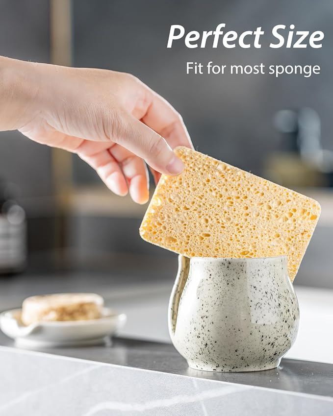 Zoeeker Sponge Holder for Kitchen Sink, Ceramic Dish Sponge Rack Sink Caddy | Kitchen Organizer Cute Scrubby Caddy Brush Holder Kitchen Storage Accessories Drying Holder for Countertop, Speckled Glaze