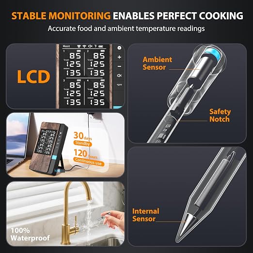 Wireless Meat Thermometer Digital, 4 Probes Bluetooth Thermometer | Smart App & Standalone Display Base, NIST ±0.5°F, Instant Read LCD, BBQ Smoker Grill Oven, Brisket Steak Turkey Pork