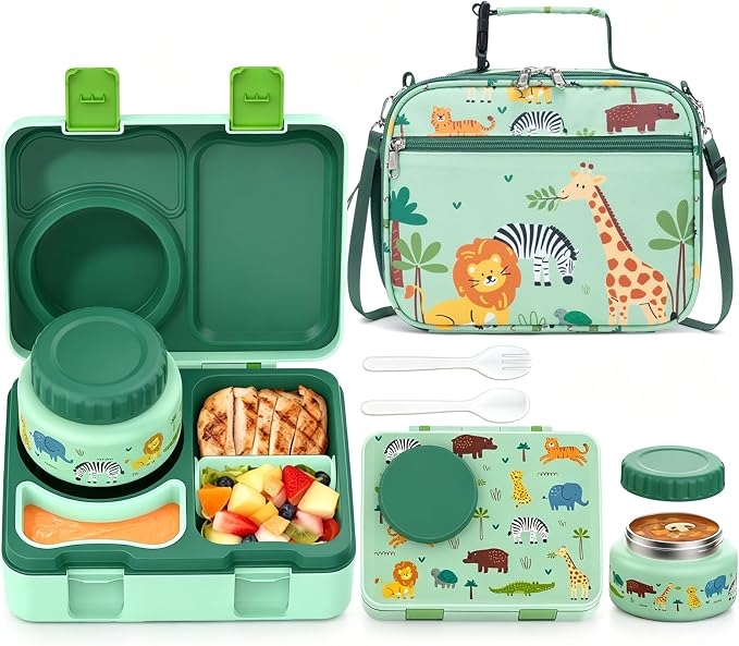 Bento Box for Kids, Leakproof Kids Lunch Box with 8.5OZ Thermo Food Jar & Lunch Bag, 3-4 Compartments Toddler Insulated Lunch Box for Boys, BPA Free Lunch Containers for School Daycare