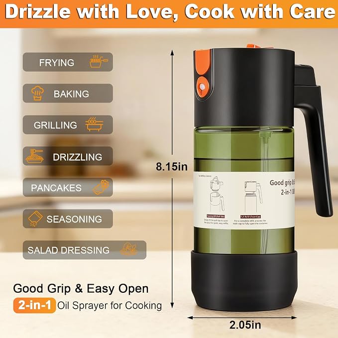 2-IN-1 Oil Sprayer for Cooking with 8 Stickers Light-Blocking Dark Glass Olive Oil Dispenser Bottle for Kitchen 500ml/16.9oz Oil Mister for Air Fryer, BBQ,Salad Even Spray with Portion Control-2PC