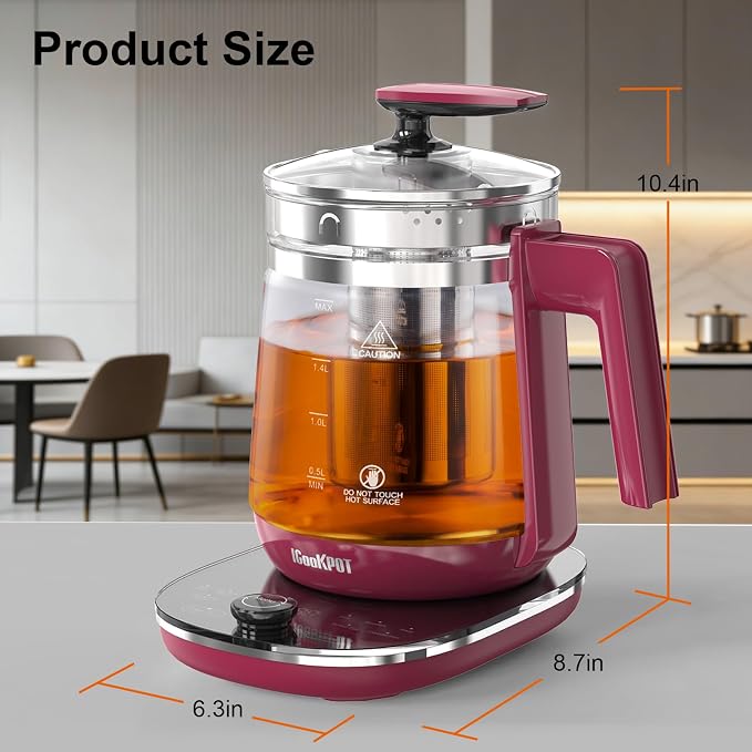 1200w Electric Kettle, 1.5L Borosilicate Glass tea kettle, Hot water kettle electric for Coffee or Tea, BPA Free, Auto Shut-Off, Stainless Steel, Fast Boil, Red
