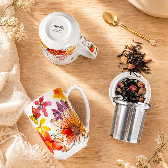 GBhome Tea Mug with Infuser and Lid,18 Ounce Ceramic Loose Leaf Cup Steeper | Lead-Free Glaze For Tea Lovers,Microwave & Dishwasher Safe with Tea Strainer