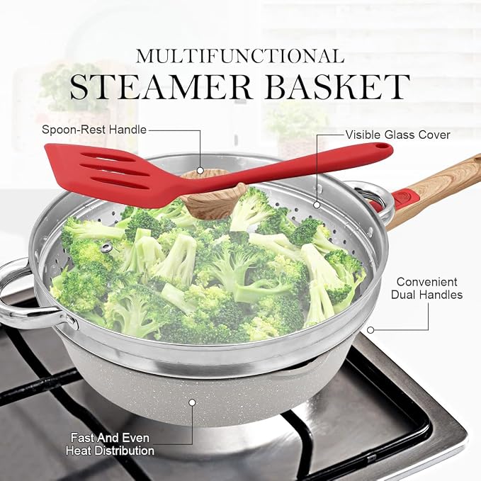 12-Inch Non Stick Deep Frying Pan Skillet with Steamer, 5 QT Nonstick Saute Pan with Lid & Detachable Handle, Induction Cooking Pan, Compatible with All Cooktops, Oven Safe, PFOA Free, White