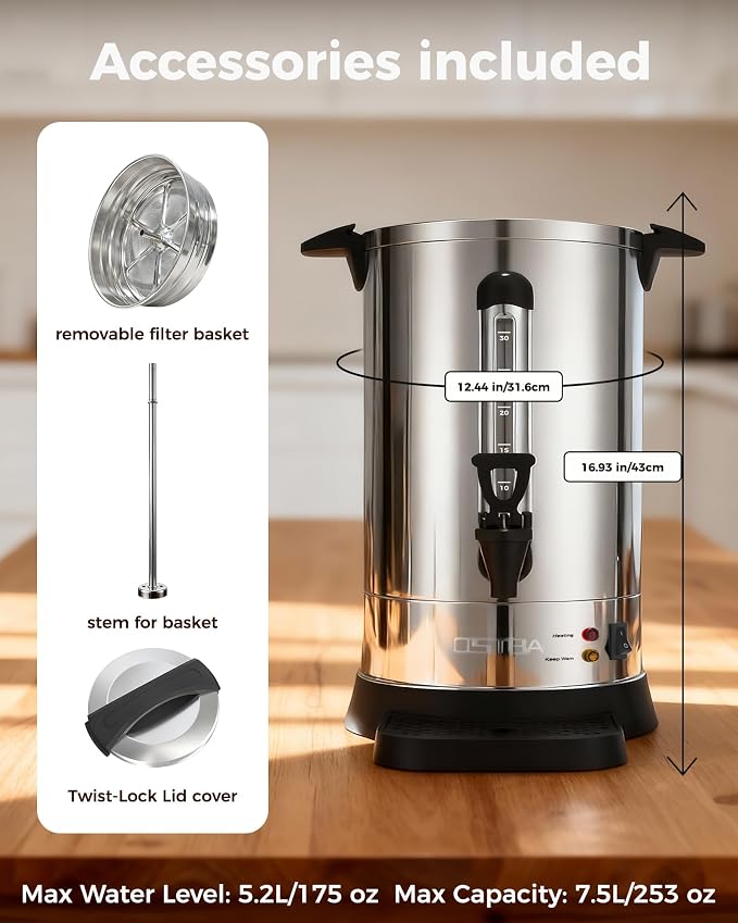 OSTBA 30-Cup Commercial Coffee Urn, 5.2L 304 Stainless Steel Percolator | 950W Fast-Brewing Coffee Maker and Hot Water Dispenser with Double-Wall Insulation for Home, Office, Catering and Events
