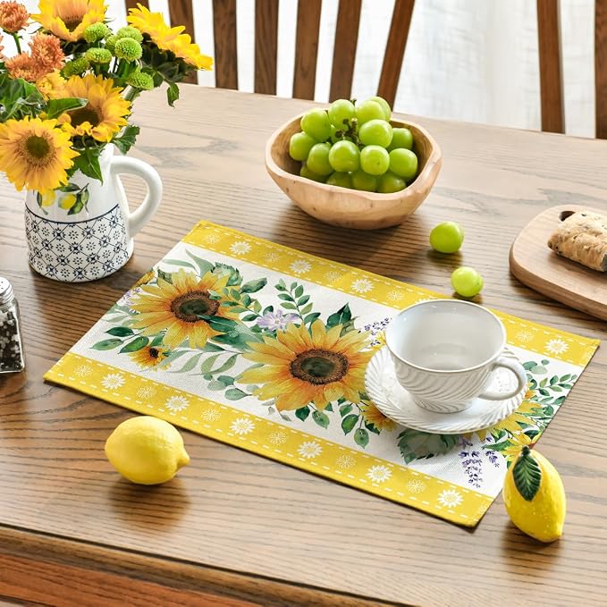 Artoid Mode Sunflowers Leaves Flower Summer Placemats Set of 4, 12x18 Inch Seasonal Holiday Table Mats for Party Kitchen Dining Decoration