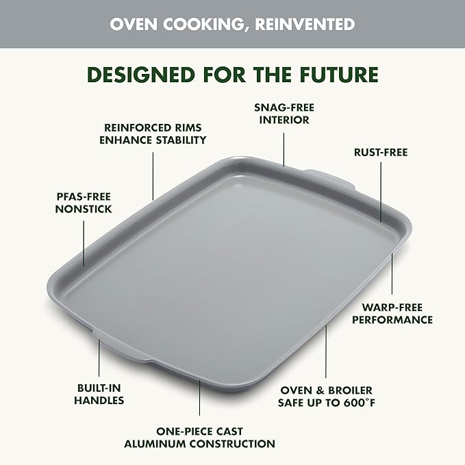 GreenPan Premiere Ovenware Healthy Ceramic Nonstick 18" x 13" Half Rectangular Baking Pan, PFAS-Free, Warp-Free Bakeware, Durable Quick Heating, Oven & Broiler Safe to 600F, Dishwasher Safe, Gray