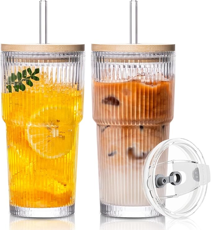 SoulTimes 20oz Ribbed Glass Tumbler with Bamboo Lid and Straw – Iced Coffee Glasses Cups for Smoothie, Matcha, Juice, Water etc. Leakproof and Reusable Glassware Drinking for Travel To Go 【2 Pack】