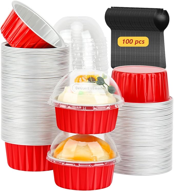 LNYZQUS 5oz Cupcake Tins with Dome Lids 100 Pack, Foil Dot Cake Cups | Mini Cake Pans and Containers, Disposable Ramekins, for Baking and Packaging, for Christmas, Round Red