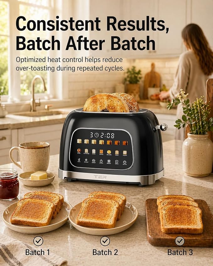 TER Touch Screen Toaster 2 Slice, 1.5" Wide Slot, Stainless Steel, Black | Smart Digital Retro Toaster for Bagel & Thick Breads, 7 Bread Modes & 7 Browning Levels, Memory Function, Defrost & Reheat