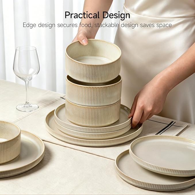 Stoneware Dinnerware Sets for 4, 12Pcs Ribbed Plates and Bowls Set, Beige | Handmade Reactive Glaze Ceramic Dishes, Microwave and Dishwasher Safe, Modern Minimalist Tableware for Everyday Use
