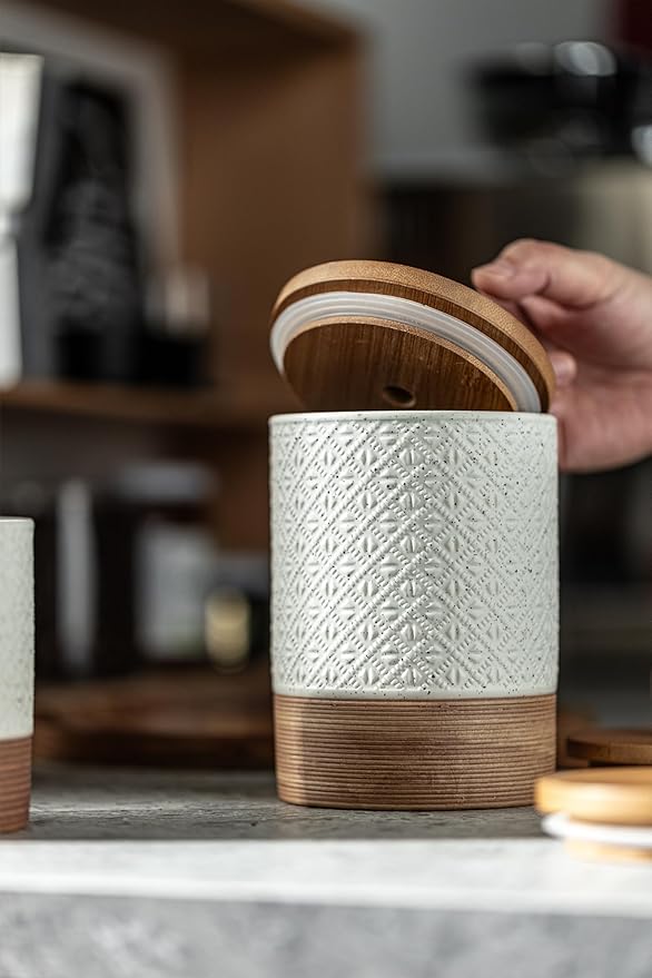 Miamolo Large Coffee Containers with Lids Coffee Canister, White & 28 fl.oz | Kitchen Food Storage Jar for Counter | Airtight for Flour Grounds Treats Sugar | Farmhouse Decor, Housewarming Hostess Gift