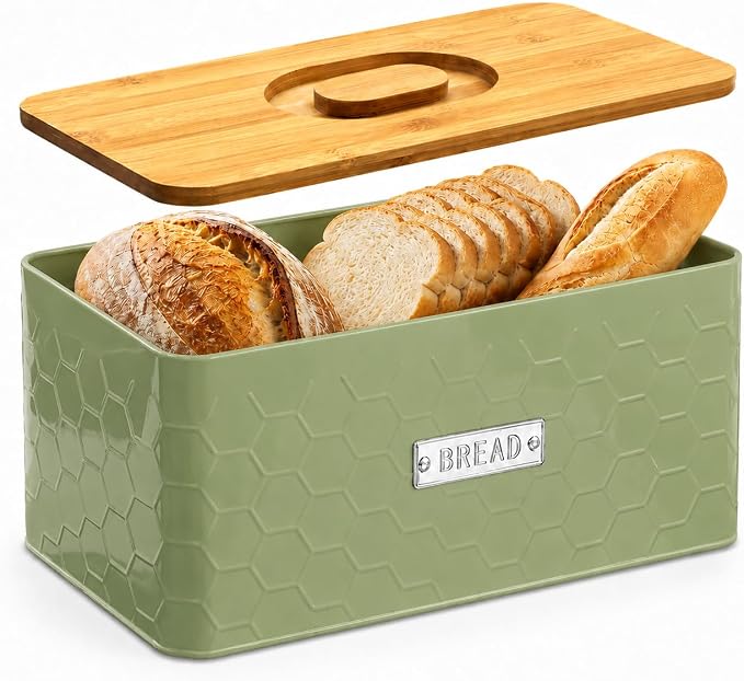 Bread Box for Countertop, Small Green Metal Bin with Bamboo Lid | Small farmhouse bread storage container and bread bin with cutting board lid for homemade bread and baked goods organization.
