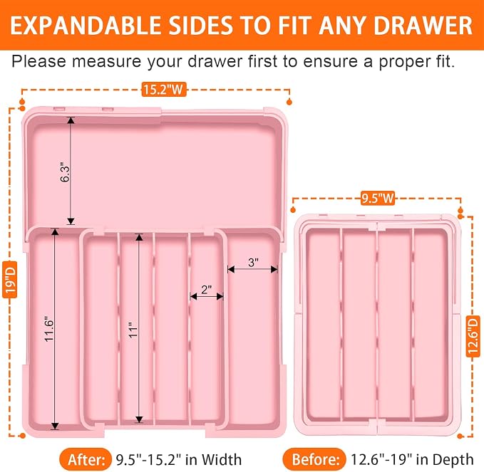 Silverware Organizer - Expandable Silverware Drawer Organizer, Adjustable Drawer Organizer, Silverware Tray for Drawer 15.2"x 19" Utensil Drawer Organizer, Kitchen Organizers Storage, Pink