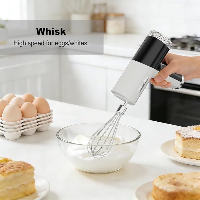 Camic Electric Hand Mixer with 9 Speeds, Powerful Motor, Cordless Hand Mixer with Whisk, Dough Hook and Mixing Rod for Whipping Eggs, Cream, Butter, Jam, Kneading Dough and Blending (White+Black)