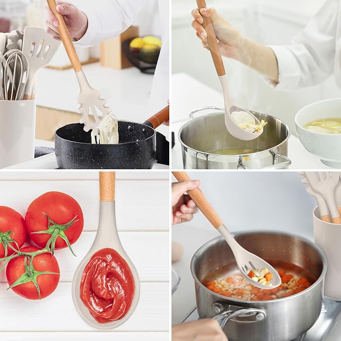 E-far Kitchen Utensils Set of 12, Silicone Cooking Utensils with Holder, Non-stick Cookware Friendly & Heat Resistant, Includes Spatula Tong Whisk Ladle Brush Slotted Turner Spoon(Khaki)