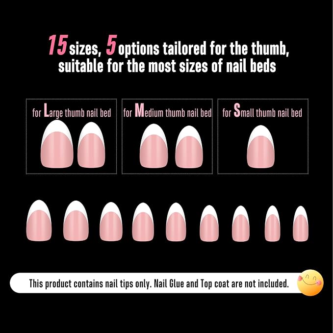 NOVO OVO White French Tip Almond Nail Tips Press on BABY PINK, Extra Thick Medium Soft Gel Fake Nail Acrylic Extension, Need Builder Gel Top Coat, No Glue Included, for Salon DIY x 15 Sizes 240 pcs