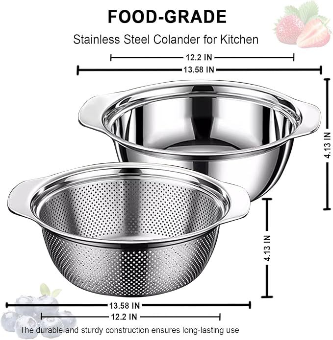 Stainless Steel Colander for Kitchen, 5 QT Rice Washer Strainer Bowl | Large Capacity | Non-Slip Handle | Strainer Bowl for Rice, Pasta, Vegetable, Fruit Draining | Colanders & Food Strainers