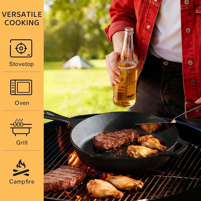 EWFEN Cast Iron Skillet 3-Piece Set, 8", 10" & 12" Pre-Seasoned Frying Pans, Heavy-Duty Professional Restaurant Chef Quality Cookware w/Drip Spout, Indoor & Outdoor Use, Oven, Stove, Grill & Campfire