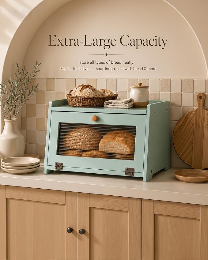 Bread Box for Kitchen Countertop: Large Capacity Farmhouse Bread Bin with Acrylic Window, Storage Container for Homemade Bread, Large Bread Holder for Kitchen Counter, Pantry Shelf