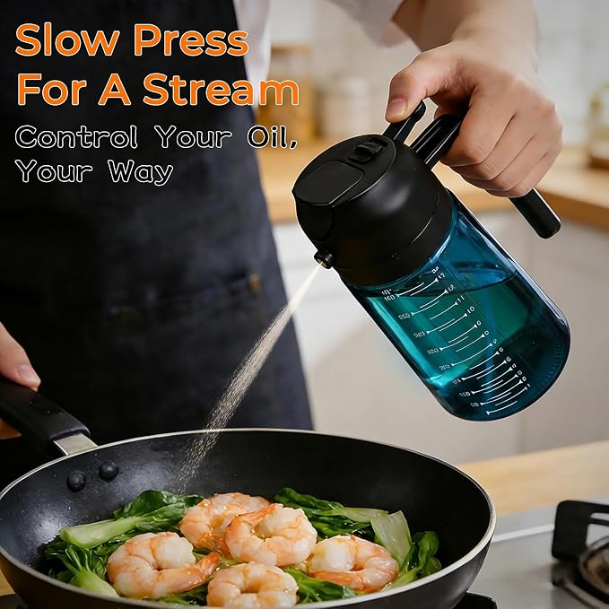 Glass Olive Oil Sprayer for Cooking (16oz/470ml), 2 in 1 Olive Oil Dispenser Bottle for Kitchen Gadgets and Air Fryer Accessories, Salad, BBQ (2-Pack, Blue Black Green)