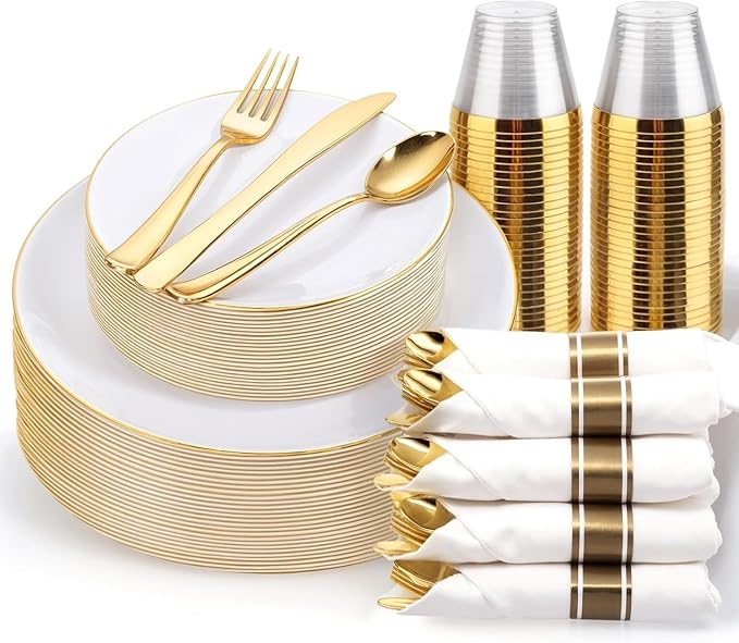 KIRE 175PCS Gold Plates Disposable - Heavy Duty White and Gold Plastic Plates Dinnerware Sets - 25 for Dinner 25 for Dessert 25 Pre Rolled Napkins and 25 Cups for Birthday/Wedding/Party
