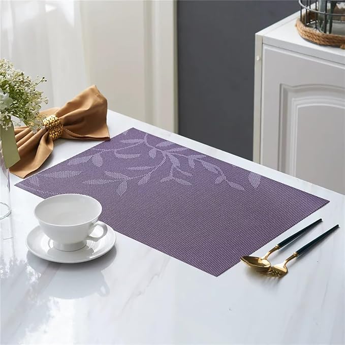 Leaf Placemats Set of 6 Non-Slip Heat-Resistant Vinyl Washable Place Mats for Kitchen Table Indoor Outdoor Durable (18"x12", Purple)
