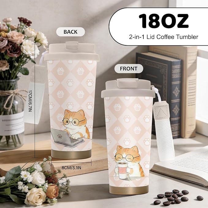 Cat Tumbler Stainless Steel 2-in-1 Lid Coffee Tumbler 18 oz Cat Lovers Insulated Travel Coffee Mug Cats Mom Gifts Water Bottle for Women Men Birthday Christmas
