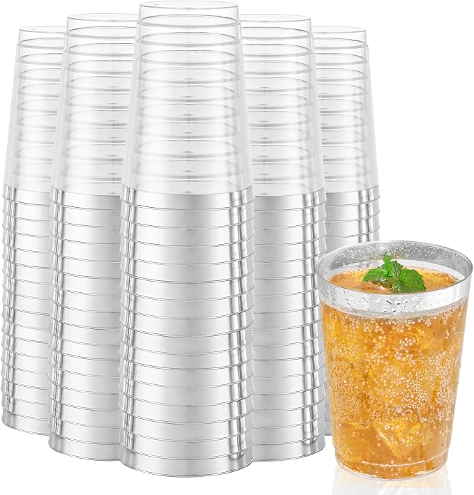 I00000 200 Pack 12 oz Silver Plastic Cups, Silver Rimmed Disposable Cups, Plastic Party Wine Glasses Cocktail Glasses Heavy Duty Cups with Silver Rim, 12 Ounce Tumblers For Party