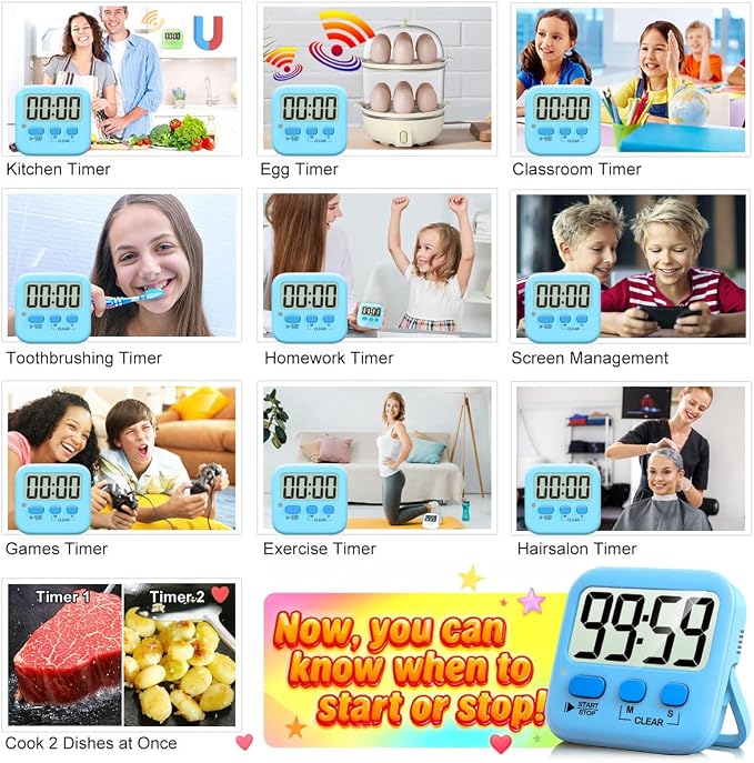 2 Pack Digital Timer for Kids Classroom Kitchen Timers for Cooking | w/ Battery, Easy to View, Alarm, Mute Mode, Count Down/Up, Magnetic, Kickstand, Hanging, Classroom Timer for Teacher Supplies