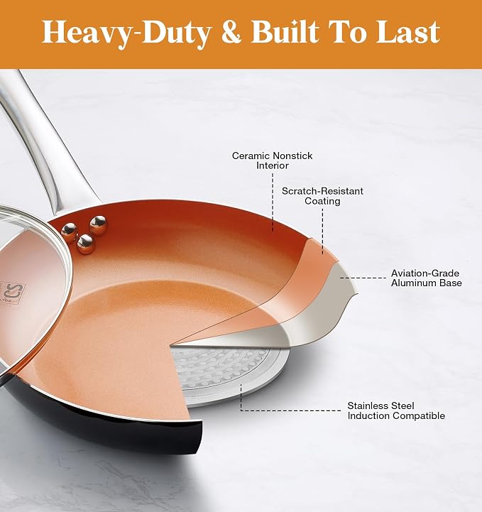 KOCH SYSTEME CS 10in Copper Nonstick Frying Pans with Lids and Titanium Ceramic Interior,100% PFOA-Free Saute Pan/Skillet for All Stove Tops,Stainless Handle,Omelet Pan Cookware