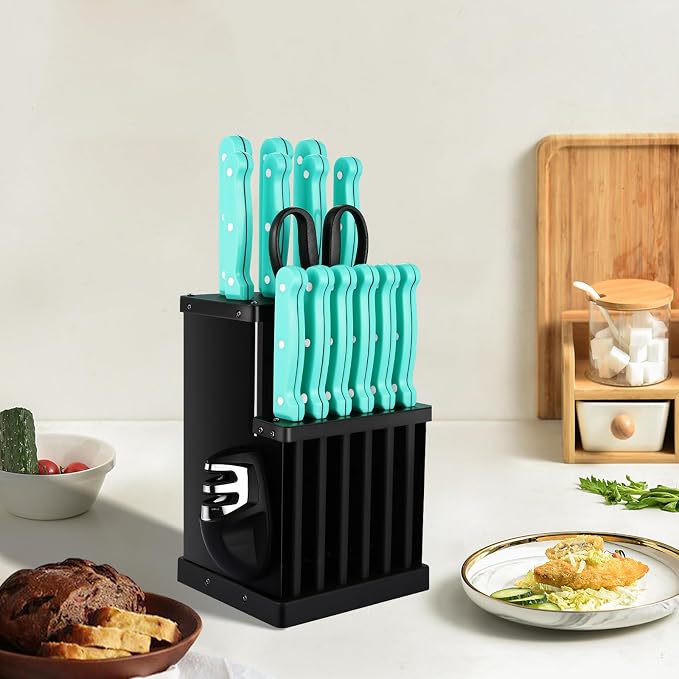 16-Piece Kitchen Knife Set with Block - High Carbon Stainless Steel Knives, Black Non-Stick Coating, Triple Riveted Forged Turquoise Handle, Dishwasher Safe, Includes Knife Sharpener, Scissors