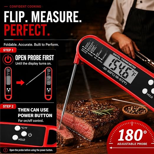 FDK Digital Meat Thermometer for Cooking and Grilling - Instant Read Food Thermometer with IP67 Waterproof, Strong Magnet and Calibration-Professional Kitchen BBQ Probe for Turkey, Steak, Men/Dad Gift