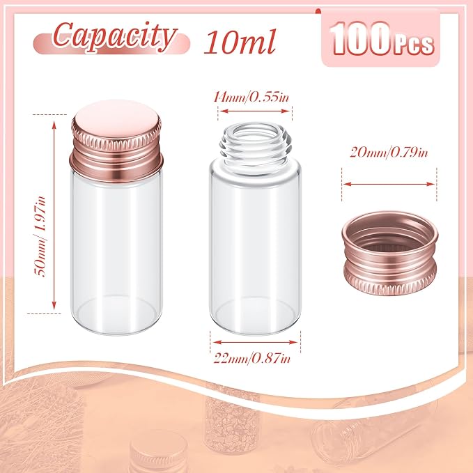 Didaey 100 Pcs Small Clear Vials Spice Mini Jars with Lids Mini Glass Bottles with Screw Aluminum Metal Caps Tiny Jars Sample Containers for Powder Cream Cosmetic Jewelry Wedding (10 ml,Rose Gold)