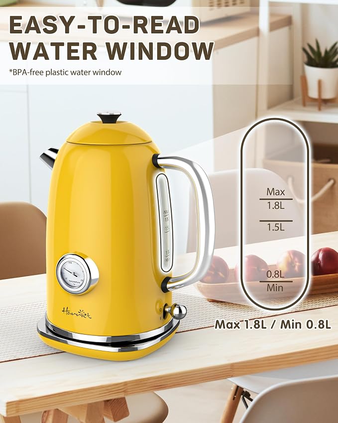 Harriet 61 oz Electric Kettle with Thermometer, Hot Water Pot, Retro | Electric Tea Kettle for Boiling Water, 1500W Stainless Steel Pot, Auto Shut-Off & Boil Dry Protection, Cordless LED Indicator