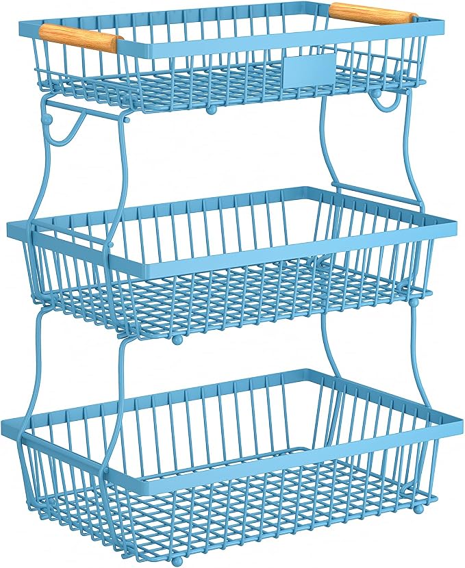 3 Tier Fruit Basket for Kitchen Counter with 2 Banana Hangers, Countertop Metal Fruit Bowl with Wooden Handle, Large Storage Stand for Vegetables, Snacks, Breads, Produce Storage – Blue
