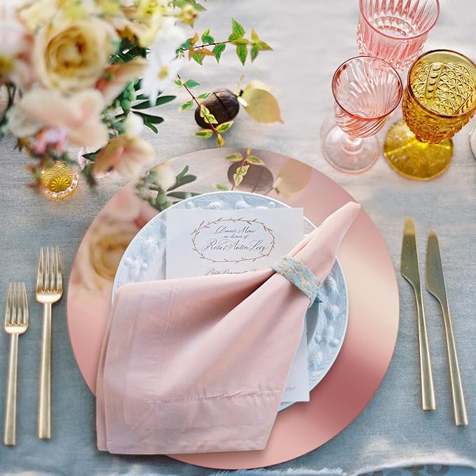 50PCS Round Rose Gold Placemats, Disposable Paper Chargers Plate | 13in Mirrored Rose Gold Paper Placemats for Dining Table, Kitchen, Banquet, Table Setting, Wedding, Birthday, Party