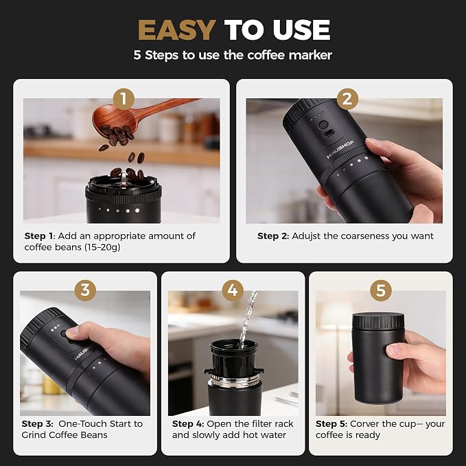 HAUSHOF Travel Coffee Maker,Coffee Grinder for Home,Camping | Hot & Cold Insulation;5 Adjustable Grind Levels;Grind & Brew in One;Portable Cordless Design